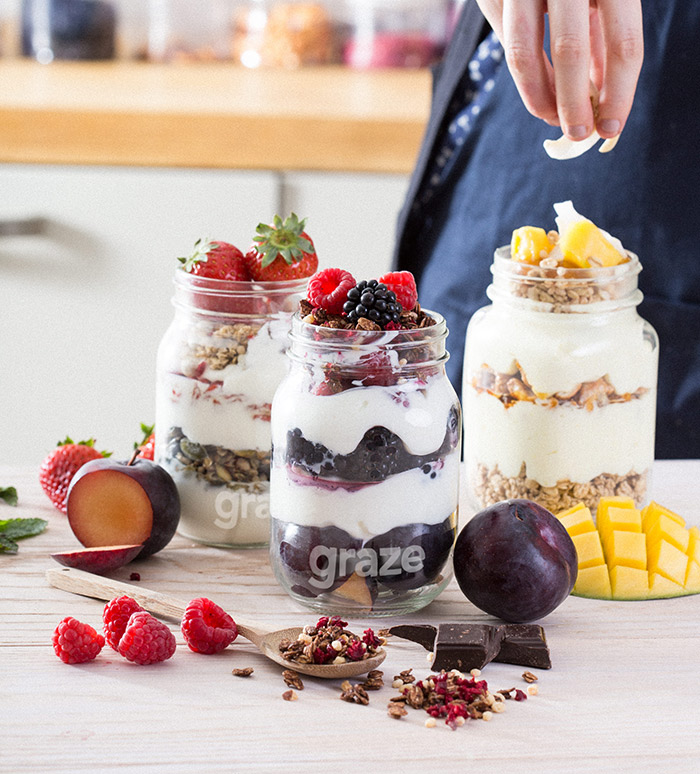 Three protein toppers with fresh fruit